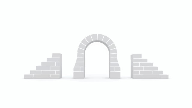 Stone Archway Flanked by Low Stepped Walls Minimal White Architecture Symbolizing Passage. Vector Illustration.