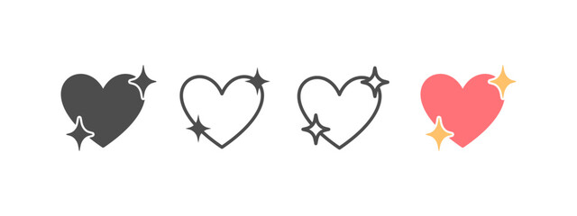 Vector icon set of sparkling shine heart in black flat filled, outline, and pink color versions. Heart with glowing stars. Symbol of love, romance, feelings, st valentines day holiday concept.