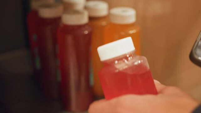 vibrant juice bottles in refrigerated display, customer hand reaches for red bottle with white cap among orange and red juices on wooden backed shelf, closeup focus on plastic packaging and label,