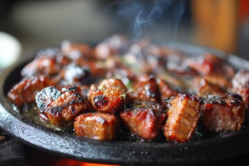 Pork tongue is diced and grilled together creating a smoky aroma