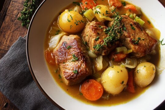 Pork stewed with apples celery cider and mustard