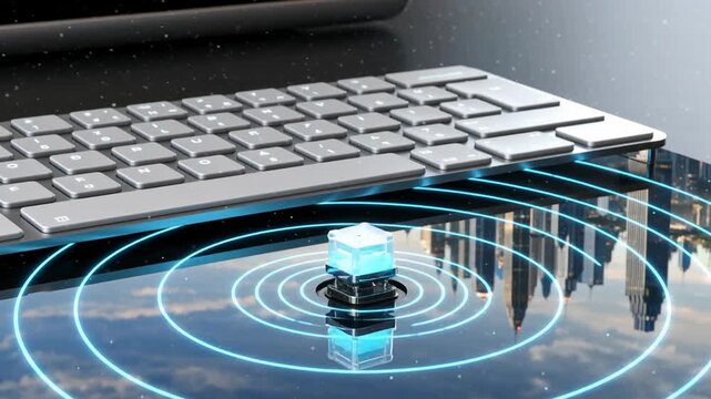 Digital interface illustrating data transfer in technology with glowing cube and sound waves emanating from a keyboard