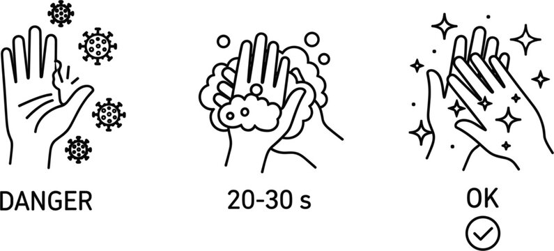 Black line icon set showing hand washing steps with soap bubbles and clean hands for virus protection hygiene guidelines and health safety education isolated on white background.
