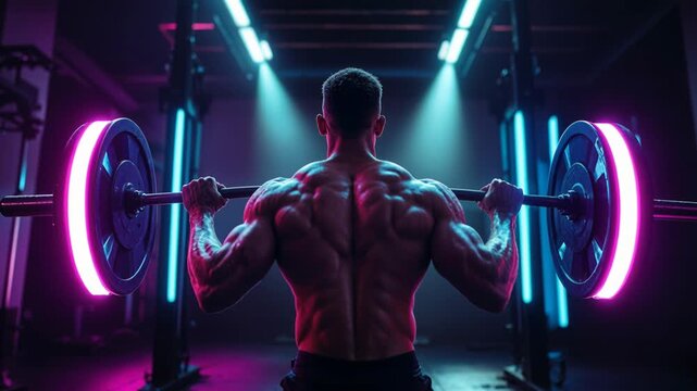 Strong athletic man from behind doing squats with a heavy barbell in a futuristic, neon lit gym