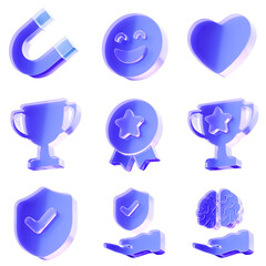 Set 3D Glass magnet smile heart trophy medal shield brain hand icon isolated on transparent background, the magnet smile heart trophy medal shield brain hand. Transparent Liquid Glass icon

