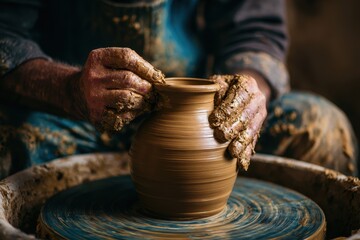 Potter shaping a clay jar on the wheel