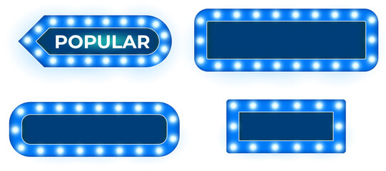 Vintage blue marquee frame lamp with glowing electric-blue bulbs in circle and rectangle shapes isolated on transparent PNG ideal for theater posters, event promotions and retro entertainment artwork  © Felicety