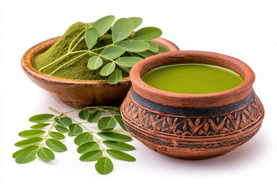 Pottery containing Moringa leaf extract against a white backdrop