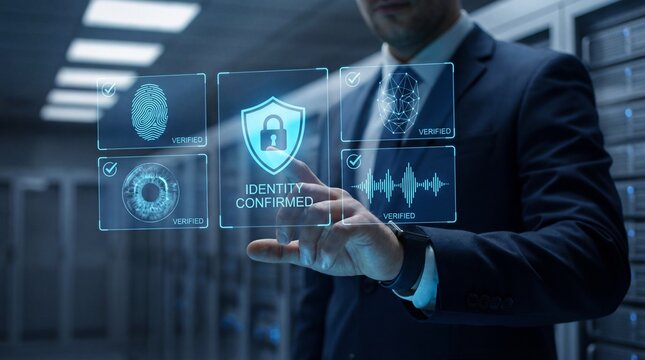 Businessman confirming identity with secure digital verification - Powered by Adobe