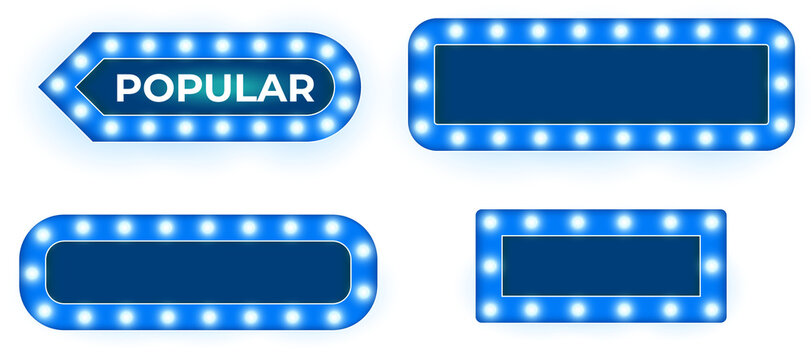 Vintage blue marquee frame lamp with glowing electric-blue bulbs in circle and rectangle shapes isolated on transparent PNG ideal for theater posters, event promotions and retro entertainment artwork
