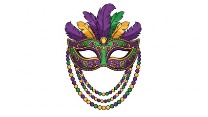 Mardi Gras Mask with Beads and Feathers Isolated on White © zubair