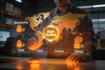 Businessman verifying global supply chain security with digital interface
