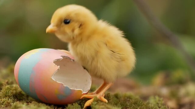 Curious newborn chick exploring a colored easter eggshell