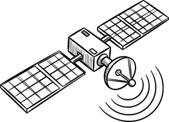Satellite communication vector illustration with solar panels and signal waves, space technology and global data transmission concept in line art style