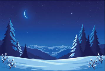 Naklejka premium Winter night in mountains landscape. Winter night with moon. Illustration of snowy winter night. 