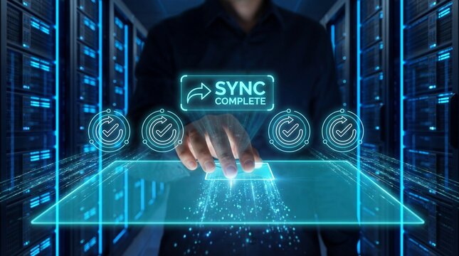 Man interacting with futuristic data sync interface in server room - Powered by Adobe