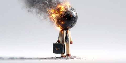 Hyper-realistic Surreal Full Figure of a Burnt Matchstick Businessman, Symbolizing Workplace Burnout, Emotional Exhaustion, Chronic Work-Related Stress, on White Background, Copy Space. Generative Ai.