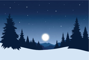 Obraz premium Winter night in mountains landscape. Winter night with moon. Illustration of snowy winter night. 