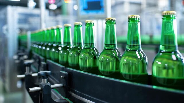 Green glass bottles on high-speed bottling monoblock in beverage processing facility, sustainable primary packaging line, automated rinsing filling capping unit in hygienic production environment