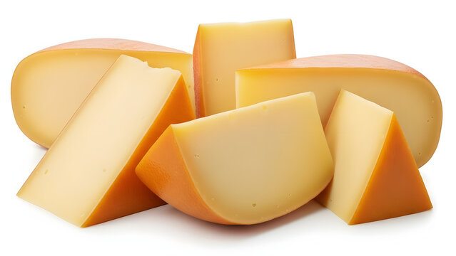 Traditional Dutch cheese wedges with smooth texture isolated on white background