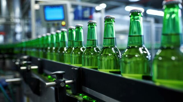 Green glass beer bottles on automated rotary filler crowner conveyor line in brewery packaging plant, aseptic rinsing, inline vision inspection, process control, sanitary stainless equipment