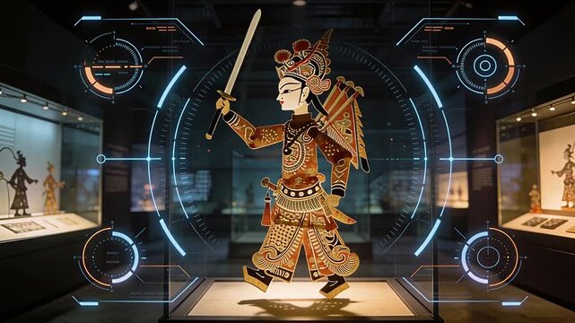Ancient Chinese Shadow Puppet Displayed in a Modern Museum with Futuristic UI Elements.