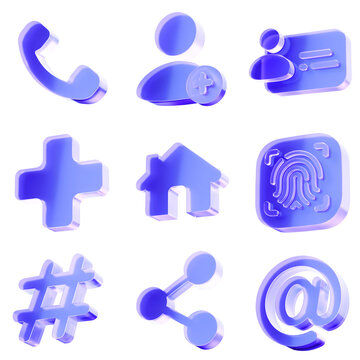 Set 3D Glass phone user add identity card plus home fingerprint hashtag share email icon isolated on transparent background, social media connectivity and personal profile identification. Transparent 