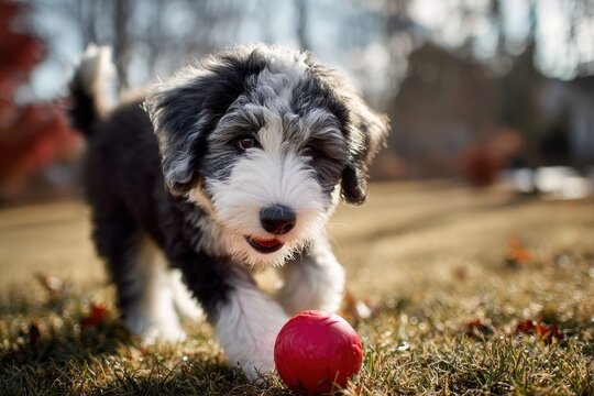 Puppy Sheepadoodle playing with a ball on a sunny Christmas