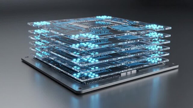 Futuristic transparent circuit boards stacked with glowing blue lights, showcasing advanced electronics and innovative technology in digital world