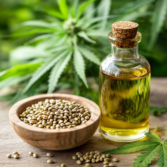 Cannabis oil in small bottles on wooden table with seeds.