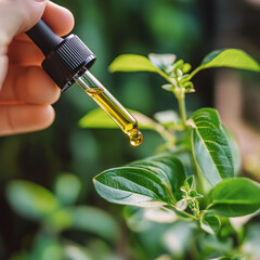 a hand holding a dropper with essential oil over a green plant.