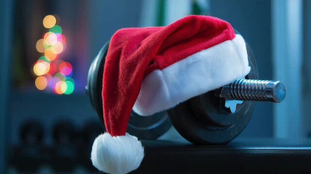 Christmas fitness spirit in gym, Santa hat on dumbbells, holiday workout motivation, festive training mood, new year gym goals, winter strength, seasonal health push, holiday exercise vibes