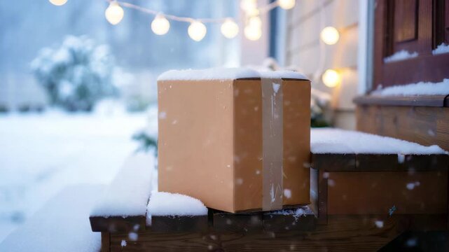Winter delivery box on snowy porch, package left outside in cold weather, snow-covered shipping, frozen doorstep drop-off, delayed parcel, seasonal logistics, holiday mail in snowstorm