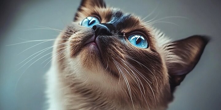 Adorable chocolate cat with striking blue eyes and unique Siamese markings gazing curiously upward
