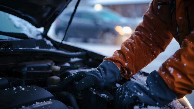 Man repairing car in cold roadside winter breakdown with gloved hands, orange jacket, frozen battery jumpstart, engine failure, coolant freeze, fuel gelling, starter issues, emergency repair