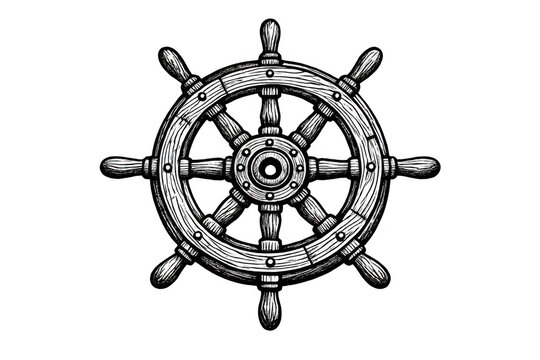 Ship wheel vector drawing representing nautical steering, control, leadership, maritime adventure and travel concept