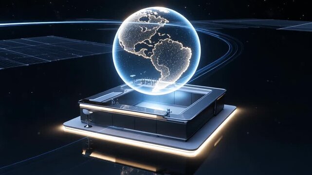 Futuristic digital technology concept showcasing a sleek microchip surrounded by glowing blue circuitry on a dark background