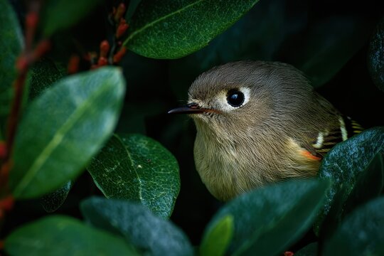 Ruby crowned kinglet hiding in green foliage