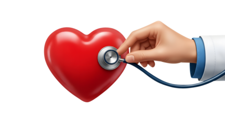A doctor's hand holding a stethoscope on a red heart isolated on transparent background