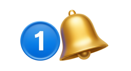 Notification icon with bell and blue notification badge isolated on transparent background