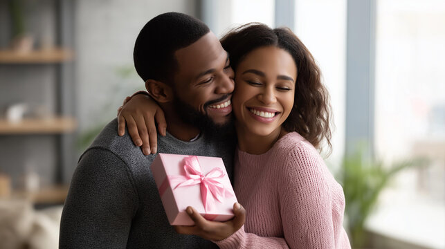 Loving African American man hugging wife, giving gift box surprise, St. Valentine's Day celebration, home interior setting, happy Black couple embracing, romantic present moment,