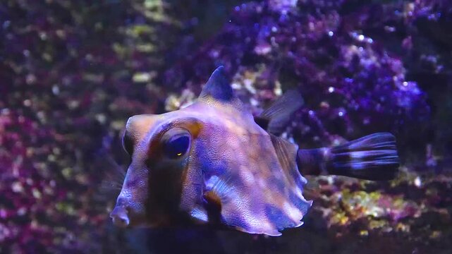 Close up of a Pyramid cow fish slowly floating beside a coral reef underwater
