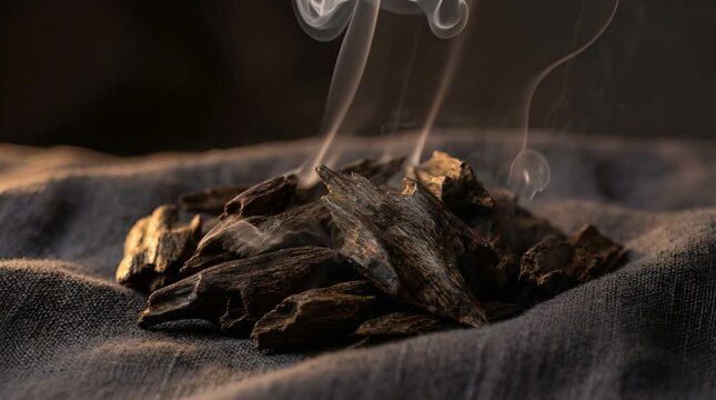 Pile of Dark Wood Chips Smoking on Textured Gray Fabric in Dim Lighting