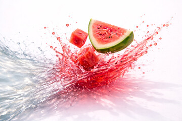 Photoreal CGI Watermelon Juice &times; Clear Wave Interference &mdash; Top-Down 75&deg;, 8K Horizontal, Left 60&ndash;65% Action (2&ndash;3 Watermelon Wedges), Right 35&ndash;40% Clean Copy Space, Isolated Alpha + Shadow Layer, sRGB 1