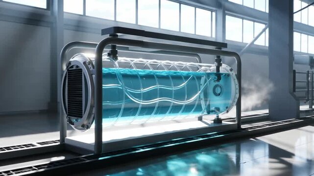Futuristic blue energy chamber with glowing elements in a bright industrial setting, showcasing advanced technology and illumination effects