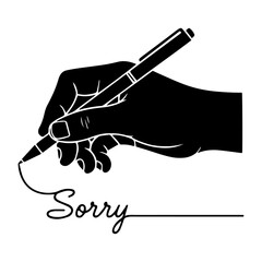 human hand holding pen written Sorry silhouette continuous one line with word.