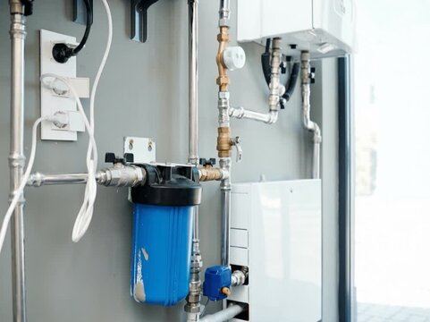 A close-up view of a residential or small-scale water filtration setup with a blue filter housing, metal pipes, valves, and a compact boiler system mounted on a wall.