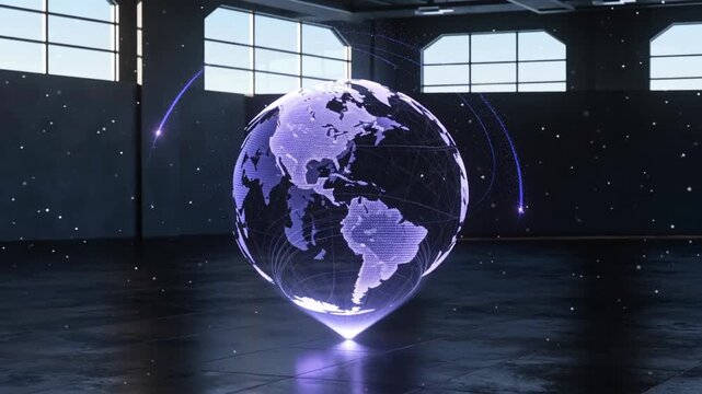 A futuristic, holographic 3D globe rotating slowly in a dark, industrial space with large windows, shimmering with purple light