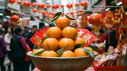 Fruit display with mandarin oranges at a market during the Lunar New Year celebration in a busy street surrounded by colorful lanterns Generative AI