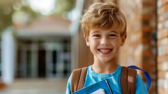Happy school boy with backpack smiling at camera